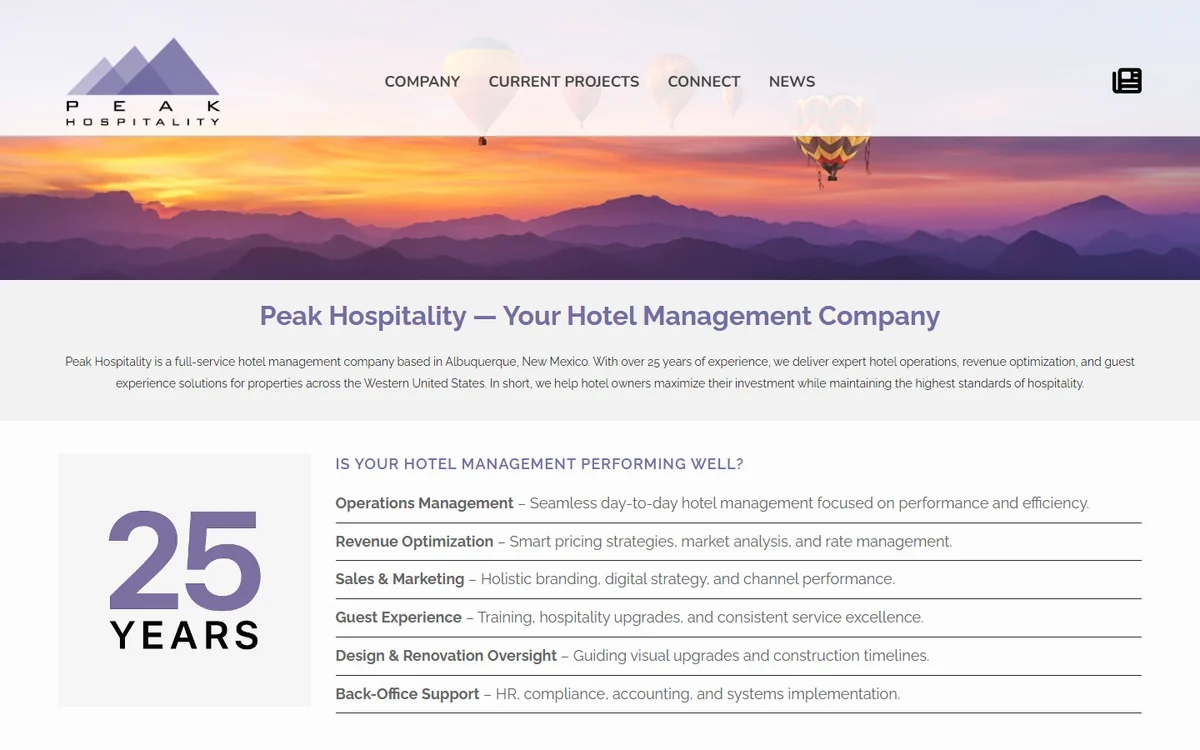 The peakhotels.com home page showing the Peak Hospitality logo, hot air balloons over mountains at sunrise, and Peak's hotel management services